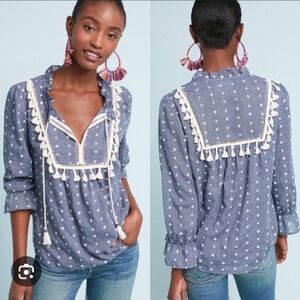 Anthropologie Maeve Lightweight Chambray Embroidered Peasant Blouse Tassel Tie